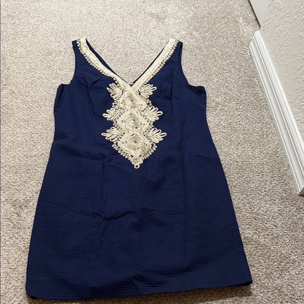 Lilly Pulitzer Navy Blue Midi Dress with Cream Embroidery